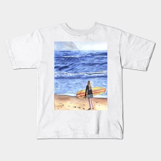 Female Surfer standing at the beach Kids T-Shirt by Sandraartist